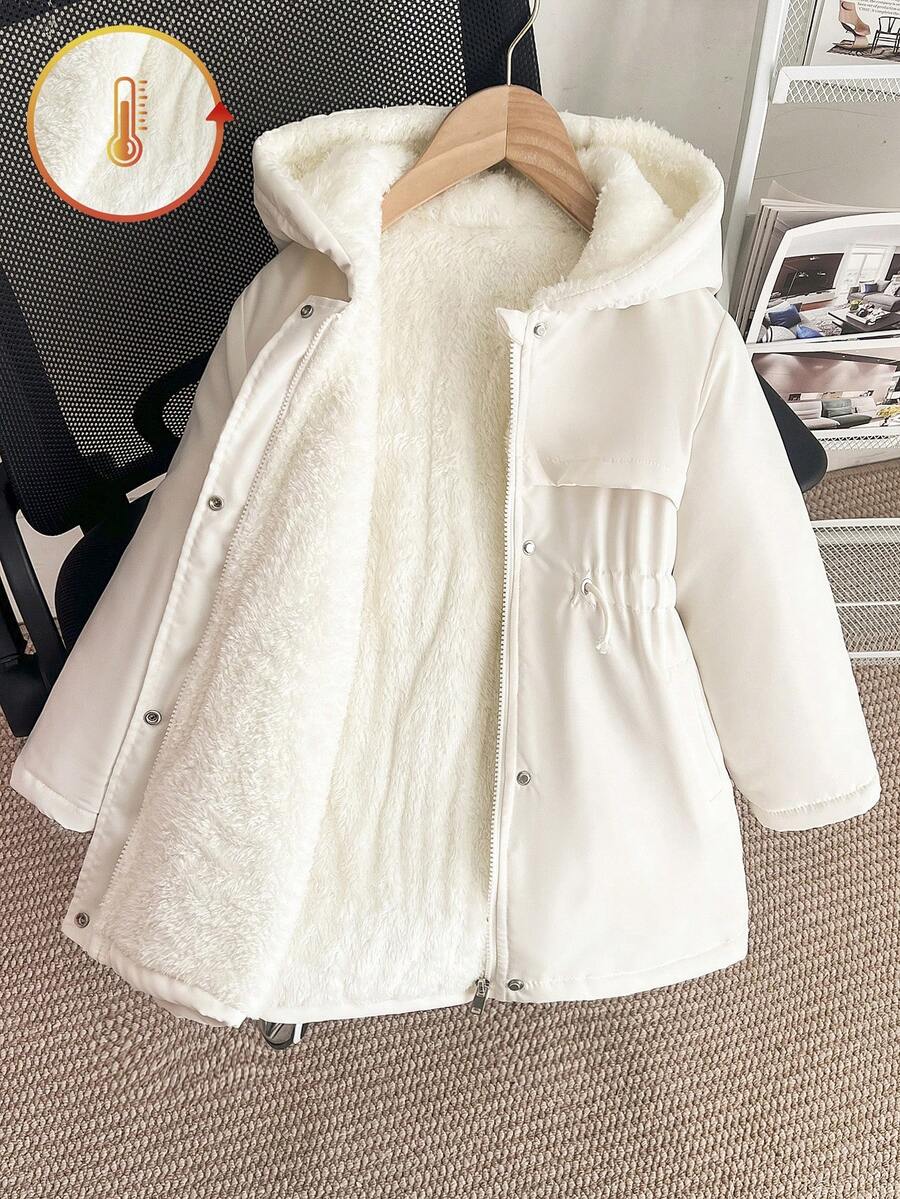 Genkimix Kids 女童連帽加厚外套,冬季保暖內裡夾克,拉鍊收腰修身可愛秋冬服飾 - 米色 - 查看 1