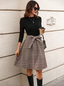 Editum Women's Ribbed Black Long Sleeve Knit Elastic Waist A-Line Plaid Elegant Casual Commute Mini Dress, Autumn/Winter Plaid Long-Sleeved Knee-Length Dress Elegant Autumn/Winter Dresses For Work - Multicolor - View 9