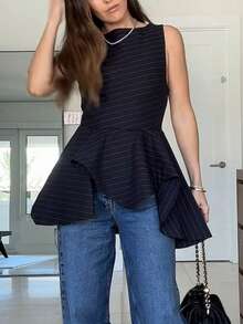 Siren Gaze 新款秋冬腰部条纹长袖衬衫，藏蓝色复古时尚通勤衬衫，条纹图案不对称下摆休闲通勤背心，适合所有季节，藏蓝色条纹，荷叶边上衣，荷叶边衬衫，女士休闲上衣，女士休闲上衣，不对称上衣 - 藏蓝色 - 查看 1