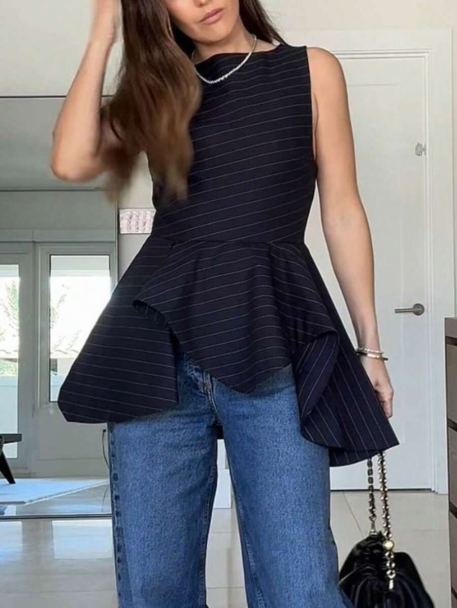 Siren Gaze 新款秋冬腰部条纹长袖衬衫，藏蓝色复古时尚通勤衬衫，条纹图案不对称下摆休闲通勤背心，适合所有季节，藏蓝色条纹，荷叶边上衣，荷叶边衬衫，女士休闲上衣，女士休闲上衣，不对称上衣 - 藏蓝色 - 查看 1