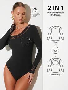 Nuvra 1pc Women's Regular Fit Solid Black Comfortable Bodysuit - Black - View 1