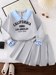 女童学院风休闲英文字母印花长袖上衣搭配灰色百褶裙T恤套装 - 灰色 - 查看 8