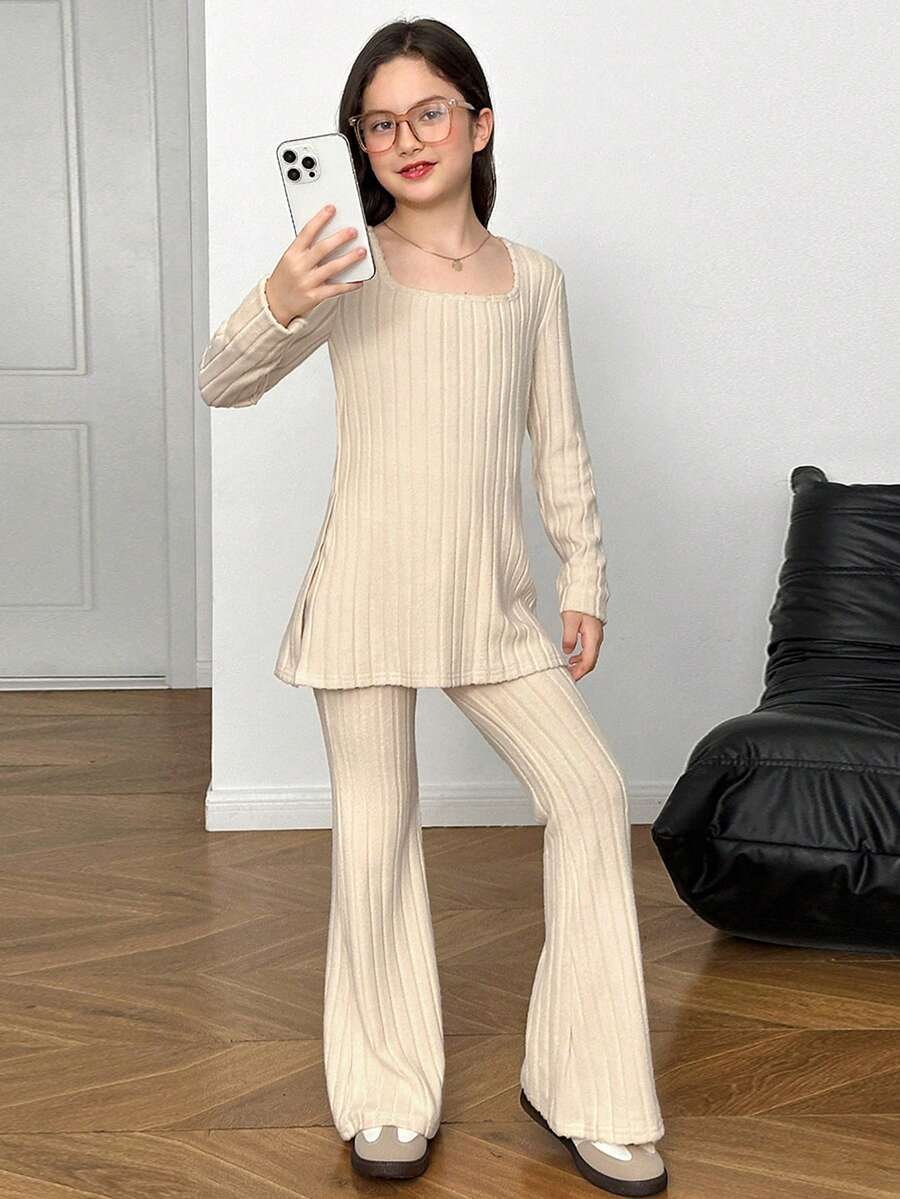 SHEIN Tween Girls' Casual Minimalist Comfortable Square Neck Split Hem T-Shirt And Flare Pants Set - Apricot - View 1