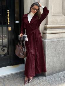 Aloruh Damen Herbst/Winter Neue Wildleder Fleece Braun Lange Trenchcoat mit Doppelreiher Stehkragen, Gürtel, weite Manschetten - Violett - Übersicht 6