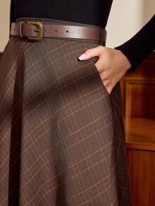 Vintamour 复古优雅女士高腰格子口袋A字中长裙，适合冬季穿着，也适合圣诞节、新年、感恩节等节日穿着。 - 棕色 - 查看 3