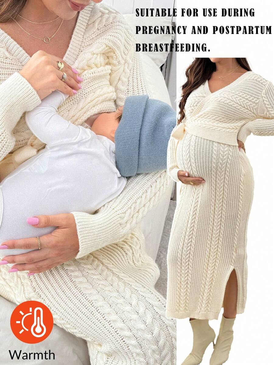 SHEIN 孕妇纯色裹身长袖落肩休闲系腰针织连衣裙 - 杏色 - 查看 1