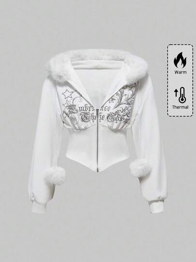 Grunge Punk Y2K Subkultur Retro taillierter Leoparden-Muster Kapuzenpullover mit Vintage Blume Muster und Strass-Verzierung