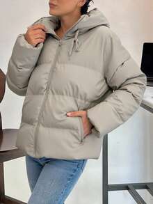 EURMUSE Women's Solid Color Minimalist Oversized Leather Winter Coat - Beige - View 3