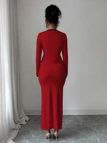 SHEIN Elenzya 两件套女士优雅撞色长袖开衫和吊带裙套装，适合派对、家庭聚会、圣诞节、万圣节、情人节、新年、通勤和休闲穿着。 - 紅色 - 查看 2