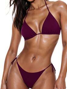 Oceva Solid Color Bikini Swimsuit Set - Halter Triangle Top & Cheeky Bottoms, For Beach Vacation For Summer - Burgundy - View 5
