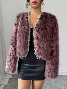 Rafferiza Fashionable Faux Fur Short Leopard Print Jacket, Pink, Stylish Women, Autumn/Winter - Pink - View 6
