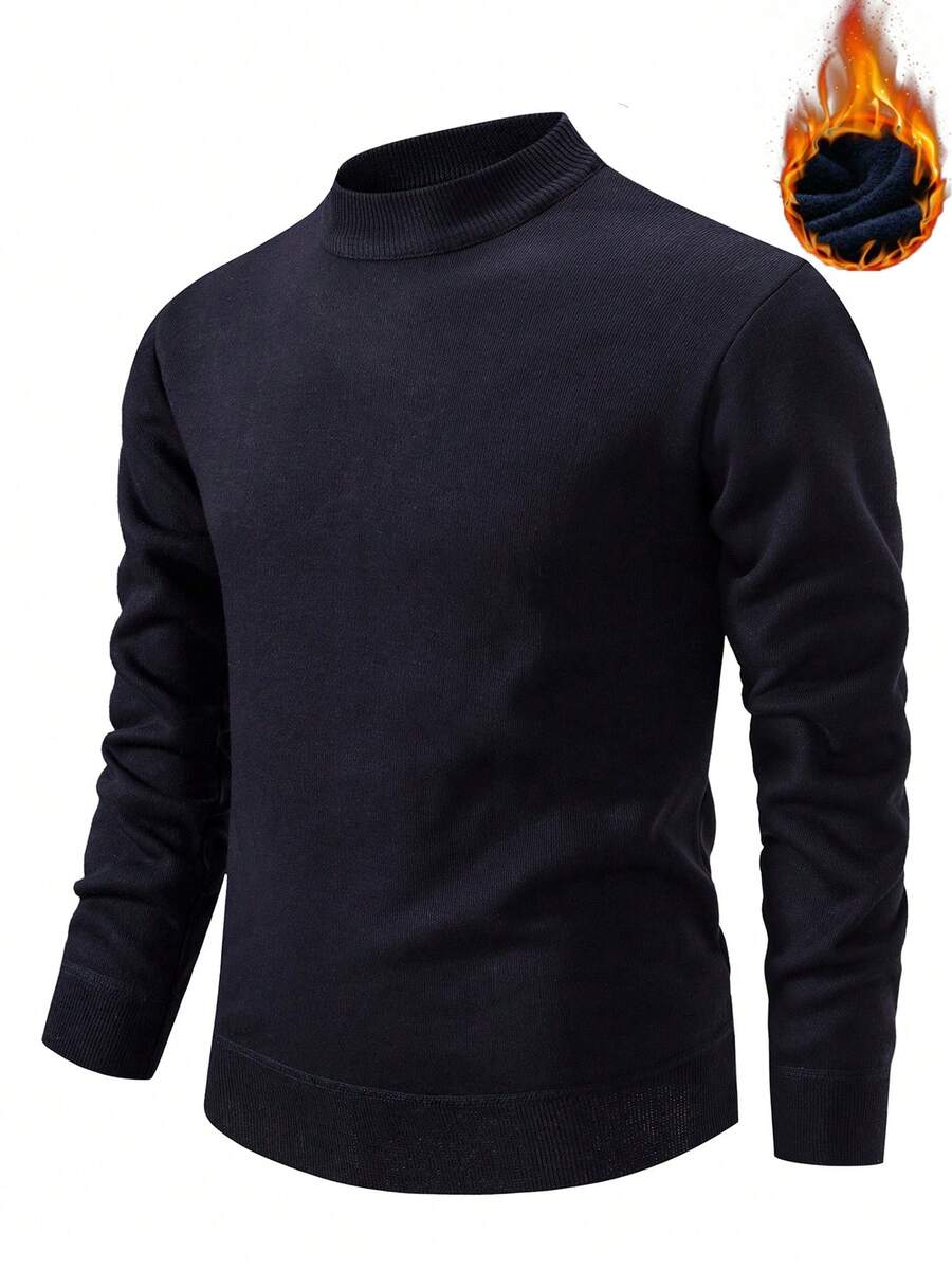 Manfinity Homme 男士休闲修身保暖长袖毛衣，日常穿着，秋冬季男士高领毛衣上衣，带保暖内衬 - 藏蓝色 - 查看 1