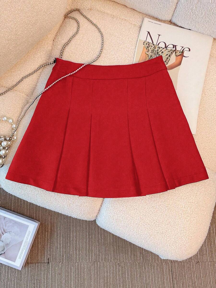 SHEIN Franclia 休闲纯色百褶A字裙，夏季 - 紅色 - 查看 1