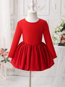 SHEIN Váy len cổ tròn chắp vá họa tiết đèn lồng cho bé gái, váy dài tay thanh lịch có quần short bên trong, phù hợp cho mùa thu đông, màu đỏ cho Giáng sinh, trang phục dự tiệc, trang phục hàng ngày đến trường, váy sinh nhật, váy công chúa, trang phục phù hợp cho mẹ và con gái và chị em gái - Đỏ - Xem 5