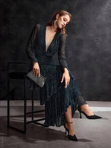 MOTF Soiréza VESTIDO FORMAL DE MANGA LARGA CON CONTRASTE DE MALLA RECOGIDA Y ELEGANTE ROMÁNTICO PARA MUJER, PARA OCASIONES FORMALES - Agua verde azul - Ver 2