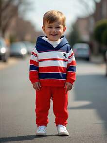 SHEIN 2pcs/Set Baby Boy/Girl Casual Cute Versatile Red & Blue Striped Hoodie Sweatshirt And Jogger Pants Tracksuit, Unisex Baby Clothes, Baby Winter Clothes - Multicolor - View 1