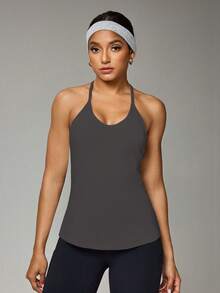 Seamluxe SHEIN Sport Áo ba lỗ thể thao hở lưng cổ yếm màu trơn đơn giản dành cho nữ, mùa hè - Xám - Xem 3