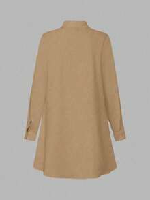 SHEIN LUNE Plus Size Plain Button Front Long Sleeve Pocket Casual Blouse, Everyday Wear Women Shirt Fall - Khaki - View 2