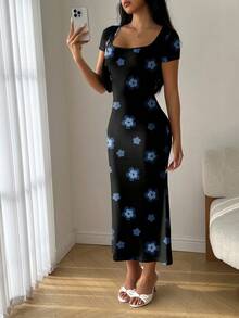 Modelyn Vestido ceñido con cuello cuadrado, volantes y cola de sirena para el verano