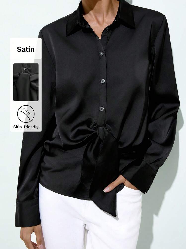 SHEIN Maija Black Shirt Hem Twist Long Sleeve Satin Blouse, Urban Elegant For Women, Autumn/Winter Chic Blouses For Women Christmas Clothes Satin Shirt Black Blouses For Women Button Up Blouse Silk Blouse Silk Shirt Women's Social Blouse