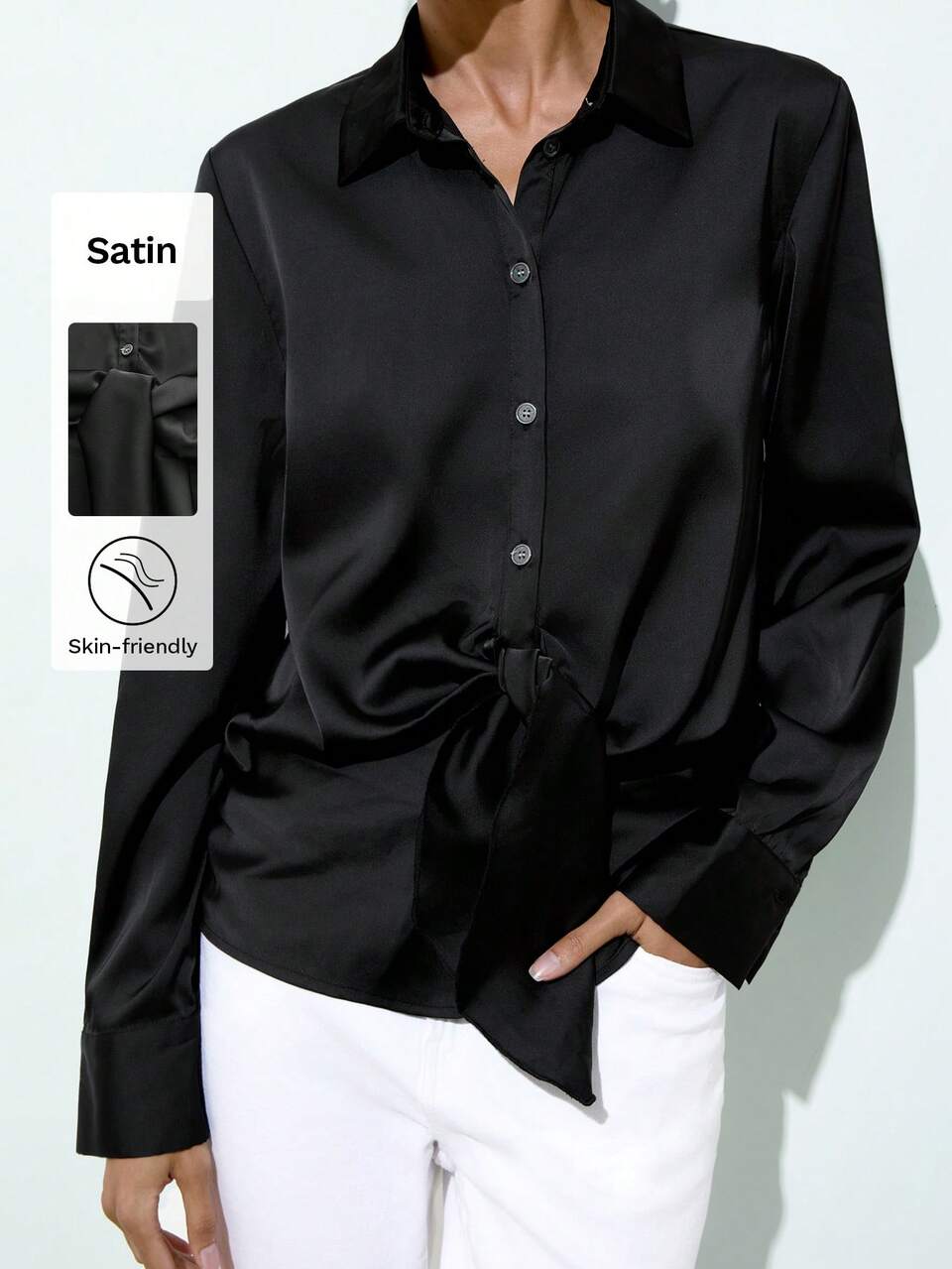 SHEIN Maija Women's Black Satin Shirt Hem Twist Long Sleeve Button Up Blouse,Elegant Office Urban Silk Blouses For Women,Autumn Social Chic Christmas Clothes