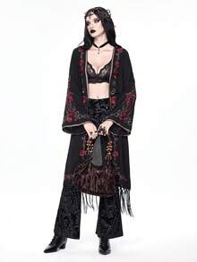 ROMWE Áo khoác cardigan dài thêu tua rua họa tiết hoa cổ điển Gothic, da rắn, cây dành cho nữ - màu đen - Xem 10