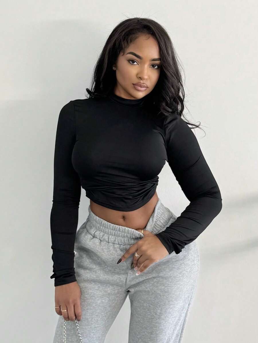 Alexandranx Solid Mock Neck Tee, Black Bottoming Tee, Long Sleeve, Basic Tee - Black - View 1