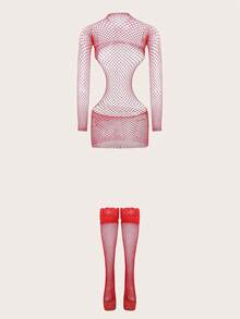 SHEIN 3 件套：红色长袖紧身裙、蕾丝边大腿高筒渔网袜、性感透明弹力镂空装，适合舞会、派对、夜总会 - 紅色 - 查看 2