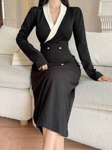 DAZY Vestido de suéter tejido con bloqueo de color y decoración de remaches, elegante para mujer, otoño - Negro - Ver 7