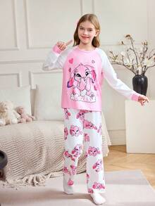 Tween Girl Pink And White Little Rabbit Pattern Splicing Long Sleeves And Printed Pants Set,Autumn Cute Sleep,Daily Home Leisure Comfortable Pajamas - Pink - View 2