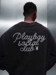 PLAYBOY X SUMWON Crop Fit Long Sleeve Tee With Social Club Logo Print Washed Finish - Black - View 5