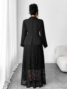 Elenzga 大码女士优雅翻领长袖收腰不对称下摆西装外套和蕾丝长裙休闲套装，冬季 - 黑色 - 查看 2