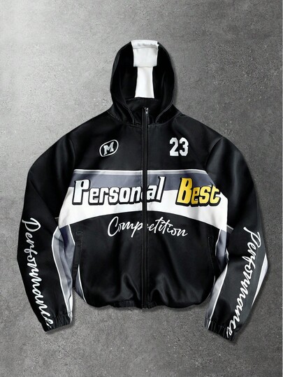 Herren Jacke mit Buchstaben-Muster, Kontrastfarben und Reißverschluss-Kragen mit Kapuze
