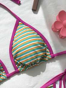 Swim Mod بدلة سباحة مجموعة بيكيني مثيرة بحزام رباط على الرقبة مخطط للنساء في الصيف - متعدد الألوان - مشاهدة 4
