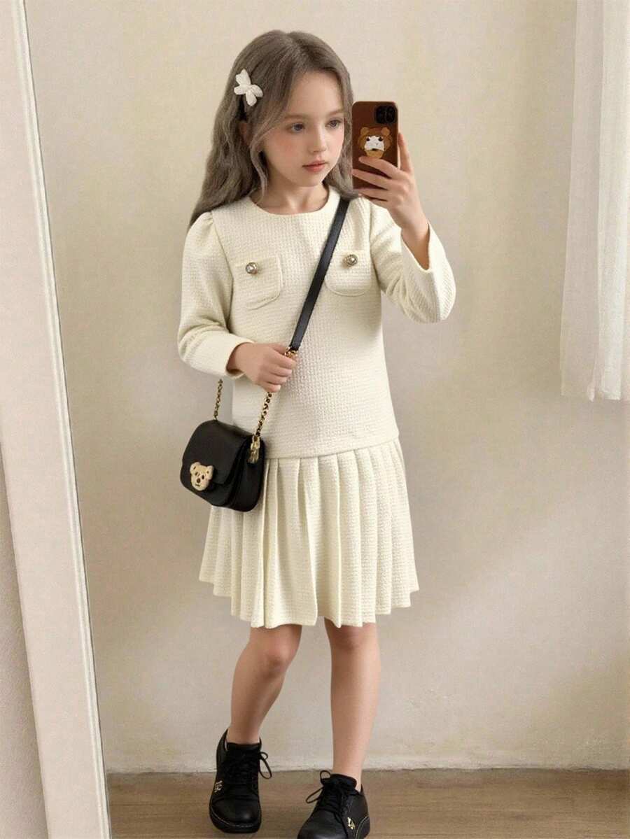 Elladie kids 少女优雅口袋仿珍珠纽扣装饰长袖褶裥下摆简约杏色连衣裙 - 杏色 - 查看 1