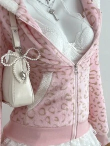 Elamini 1pc Soft Fleece Leopard Print Zip-Up Hoodie Jacket, Casual Cute Colorblock Design, Suitable For Autumn/Winter, Back To School Season, Leisure & Home Wear For Women