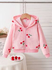 SHEIN Genkimix Kids Young Girl Autumn/Winter Cherry Plush Zip-Up Cardigan Jacket, Casual Minimalist Daily Cute - Pink - View 3