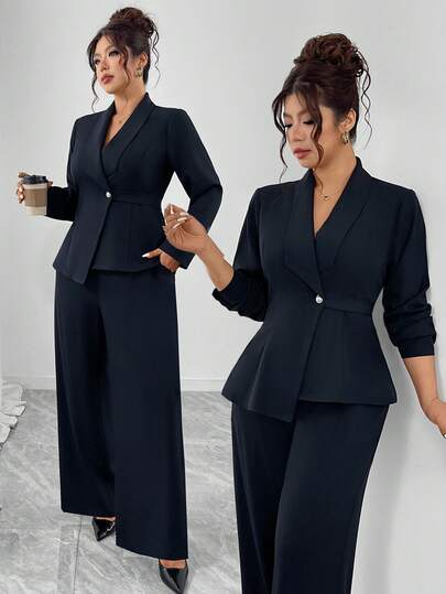 Elenzga Conjunto de 2 peças com Jaqueta de Manga Longa em Linha A com Colarinho Virado, Cintura Marcada, em Tecido Macio e Rígido + Calça Reta Solta, Elegante para Passeios, Trabalho, Reuniões, Casual