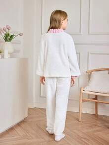 SHEIN Autumn/Winter Cozy Pocket Bow Tulip Embroidery Contrast Trim Girls Pajama Set - Beige - View 2