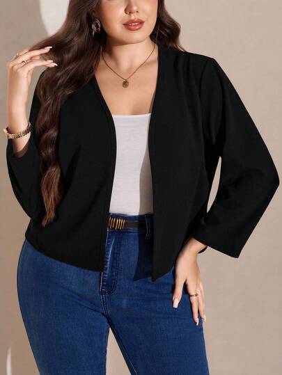 SHEIN LUNE Plus Size Solid Color Front Open Short Jacket, Autumn