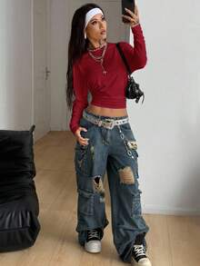 Coolane Women's Fall Minimalist Y2K Basic Daily Wear Casual Back To School Streetwear Stretchy White Loose Long Sleeve Ruched Crop Tees,Red Top,Christmas,Red Tops For Women - Burgundy - View 5