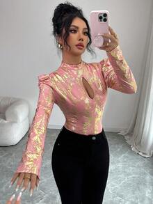 Elenzga 25+ 款女士金属亮片粉色针织立领镂空泡泡袖修身豹纹衬衫，优雅派对上衣，女士冬季 - 粉色 - 查看 1