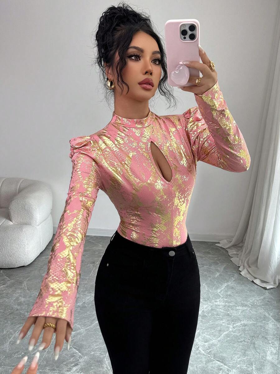 Elenzga 25+ 款女士金属亮片粉色针织立领镂空泡泡袖修身豹纹衬衫，优雅派对上衣，女士冬季 - 粉色 - 查看 1