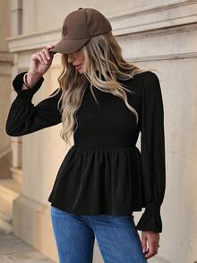 Solivie Blusa de manga larga con ajuste holgado y ribete de volantes elegante para mujer, camisa versátil para capas en otoño - Negro - Ver 7
