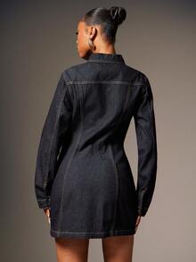 Denimoi 女式纯色休闲长袖牛仔连衣裙