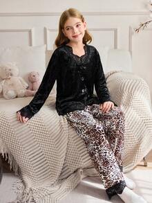 SHEIN Girls' Velvet Lace Leopard Print Long Sleeve & Long Pants Pajama Set - Multicolor - View 5