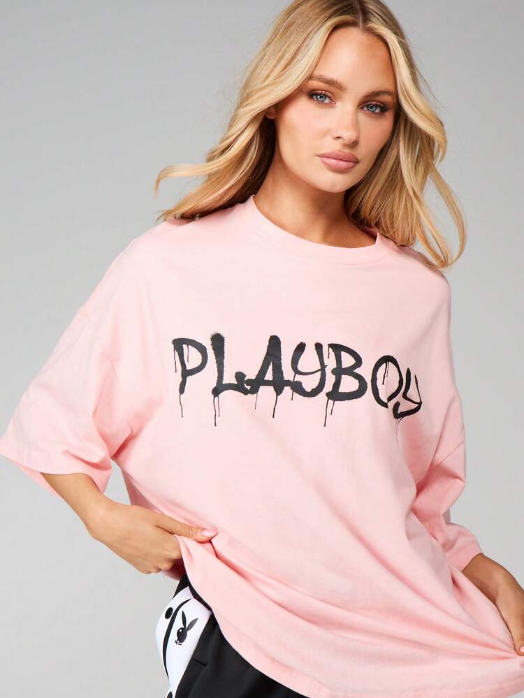 Missguided x Playboy Oversized Graphic Tee With Dripping Logo Print Short Sleeve Cotton T-Shirt