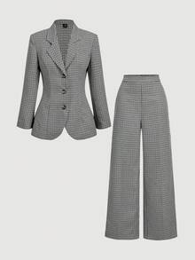 SHEIN MOD Plaid Waist Cinched Women's Long Sleeve Jacket And Pants Casual Suit Set In Fall/Winter - Dark Grey - View 1