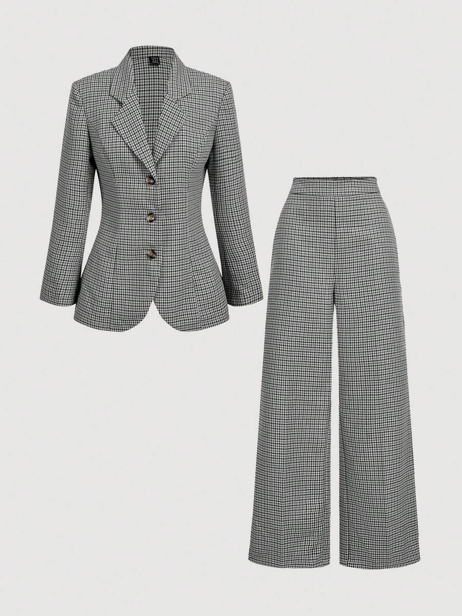 SHEIN MOD Plaid Waist Cinched Women's Long Sleeve Jacket And Pants Casual Suit Set In Fall/Winter - Dark Grey - View 1