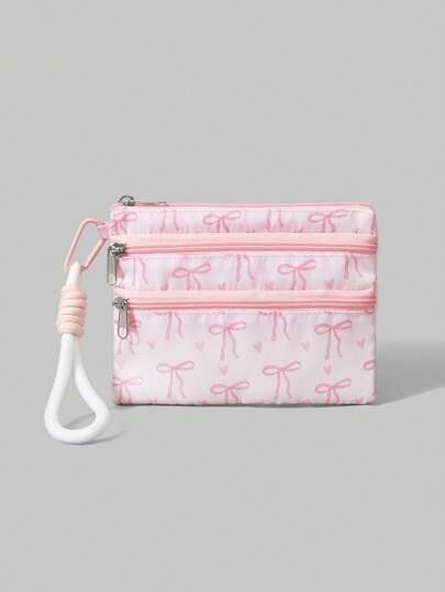 1 pieza Bolso grande de capacidad múltiple y portátil con estampado de lazo y corazón rosa estilo Kawaii